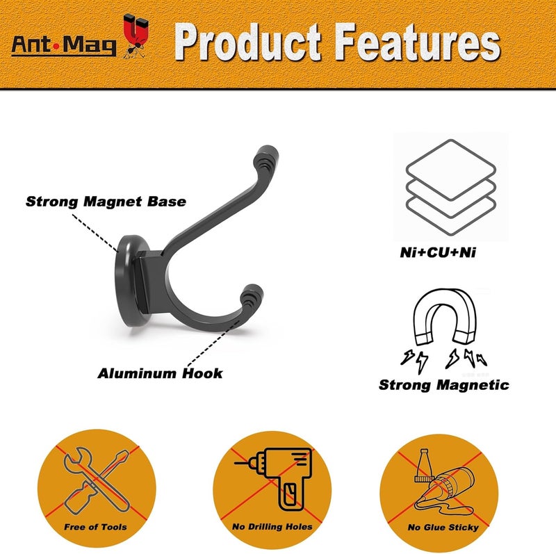 Ant Mag Magnetic Hooks Heavy Duty 140lbs Neodymium Magnet Wall Hooks for Hanging Coats Robes Backpacks Bags Hats Keys Mugs Cups Towels Pack of 4 - Image 4